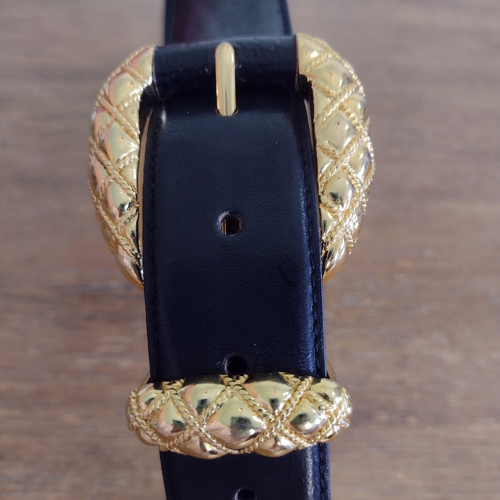 Vintage 90s Cipriani Black Leather Gold Buckle Belt
